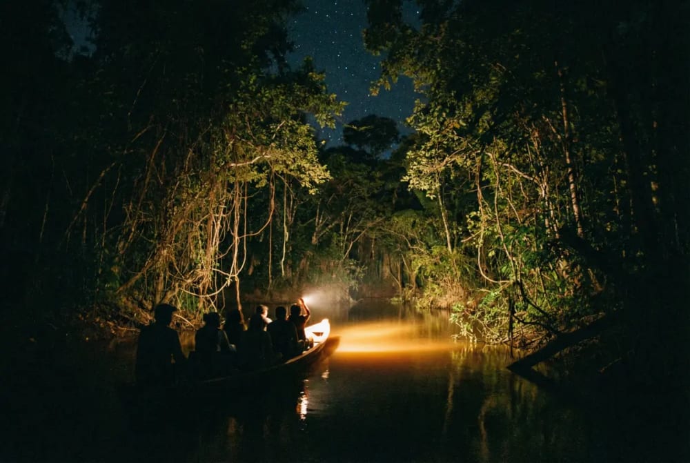 Nachtsafari im Amazonas bei Manaus — Boot gleitet durch dunkle Schwarzwasser-Kanaele mit Taschenlampenstrahl bei Nacht