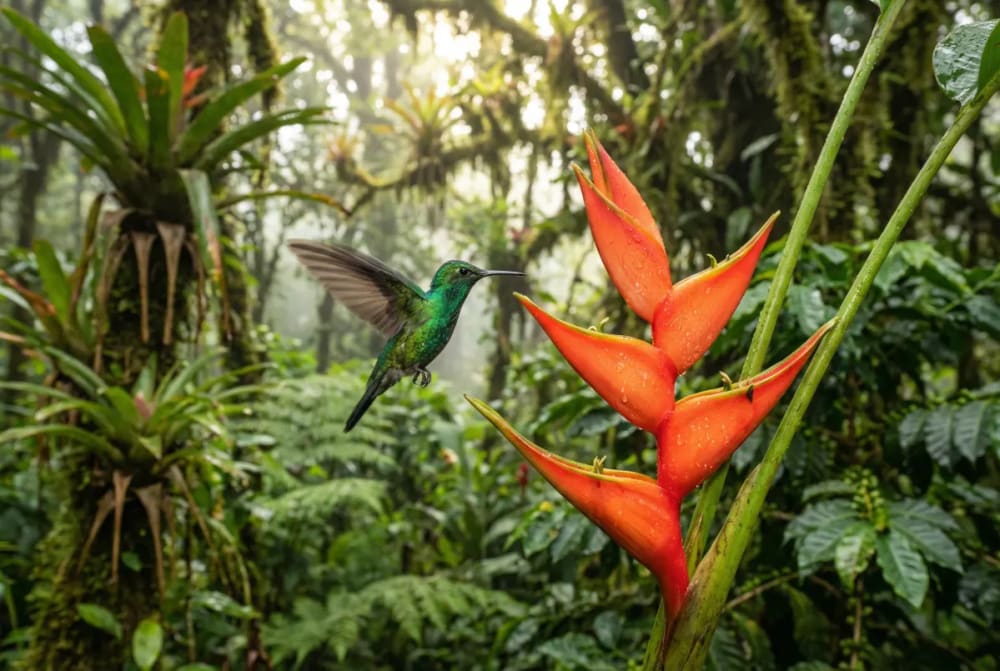 Kolibri im Schwebflug an einer Bluete in Kolumbiens Kaffeeregion