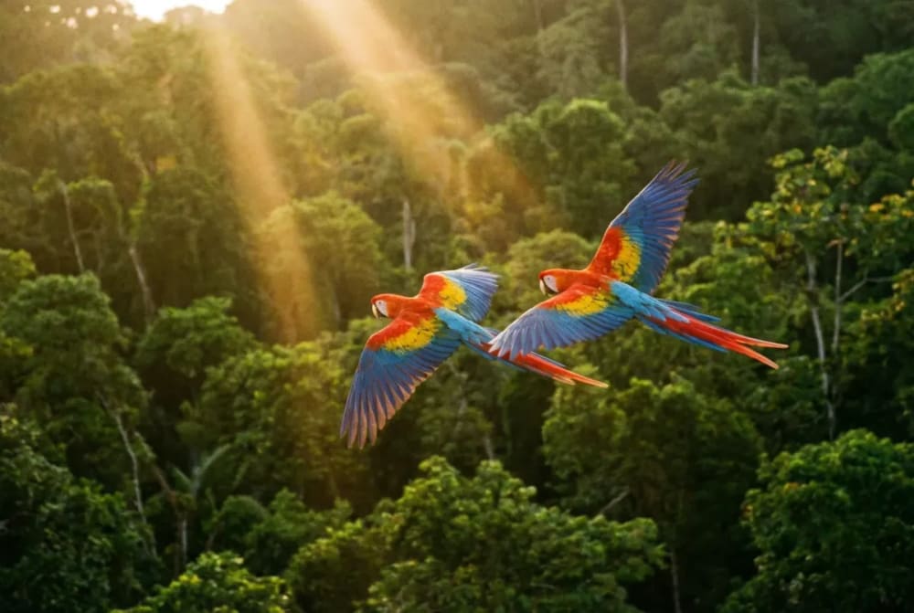 Scharlachrote Aras im Flug über dem Regenwald-Canopy der Osa-Halbinsel Costa Rica — rund 1.000 Exemplare leben hier