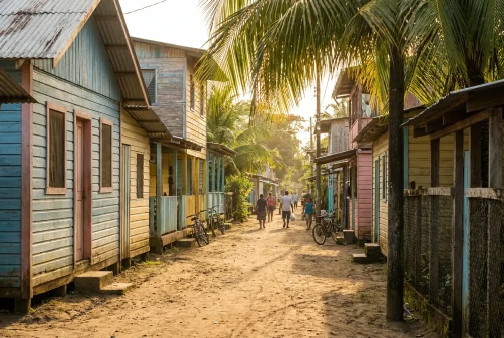 Bunte Holzhäuser und Sandwege im autofreien Dorf Tortuguero an der Karibikküste Costa Ricas