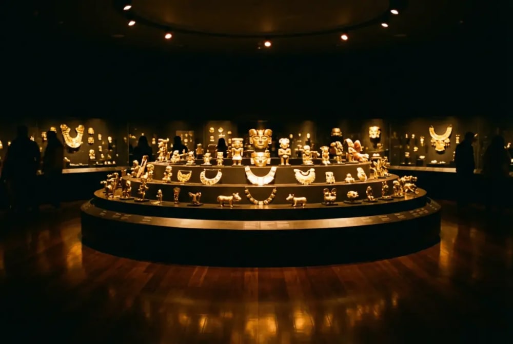 Sala de la Ofrenda im Goldmuseum Bogotá — goldglänzende präkolumbische Objekte in der kreisförmigen Ausstellungshalle
