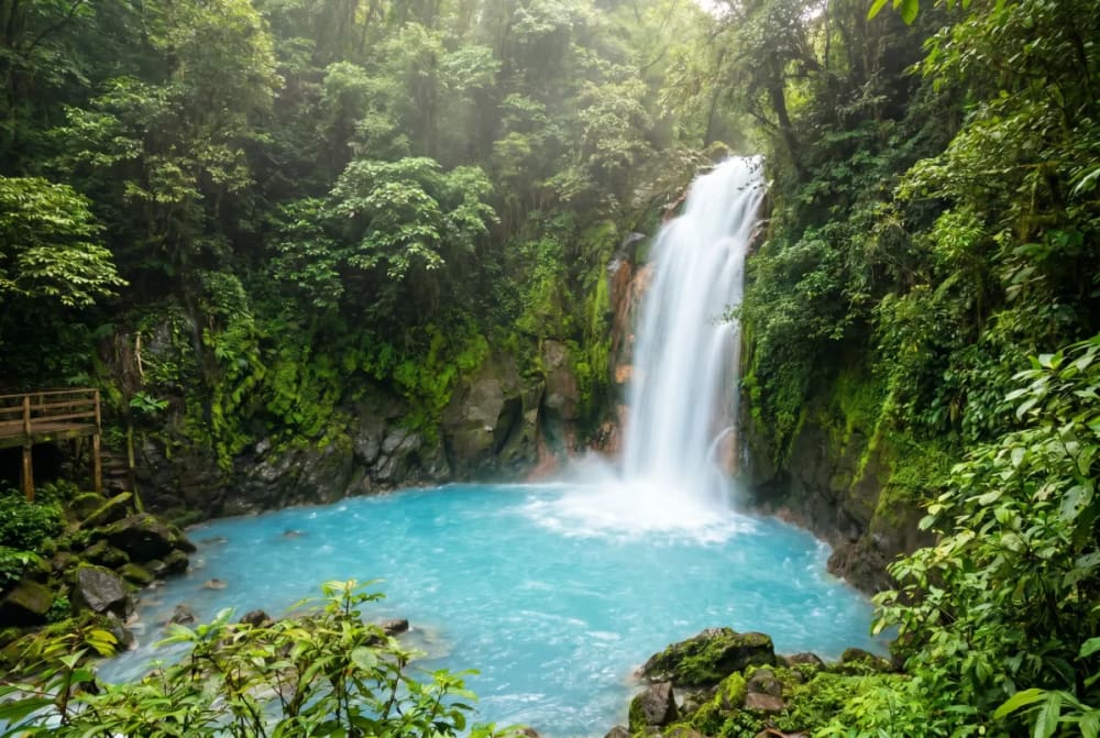 Ein lebhafter türkisfarbener Wasserfall, der in einen natürlichen Pool fällt, umgeben von üppigem grünem Regenwald in Costa Rica.