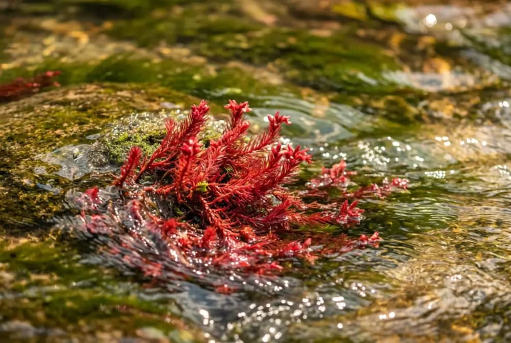 Macarenia clavigera im Caño Cristales — intensiv rote Blühpflanze auf glattem Felsgrund bei Sonnenlicht