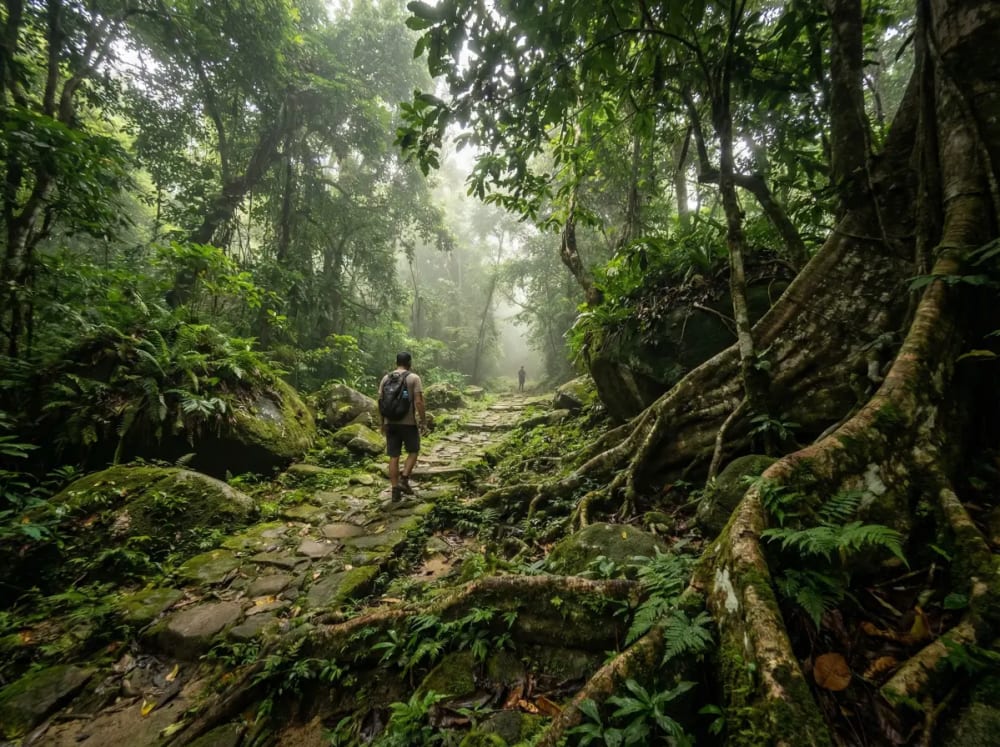 Wanderung auf Steinpfad durch tropischen Regenwald im Tayrona Nationalpark Kolumbien