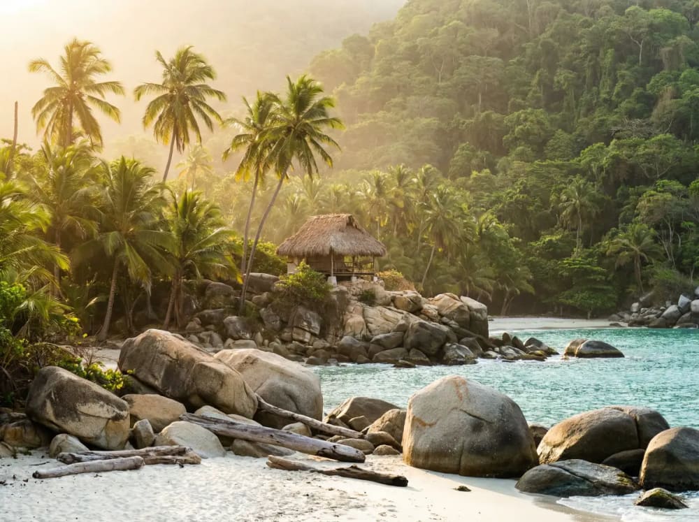 Cabo San Juan im Tayrona Nationalpark — türkisfarbene Bucht mit Palmen und Palmenhütte auf dem Felsen