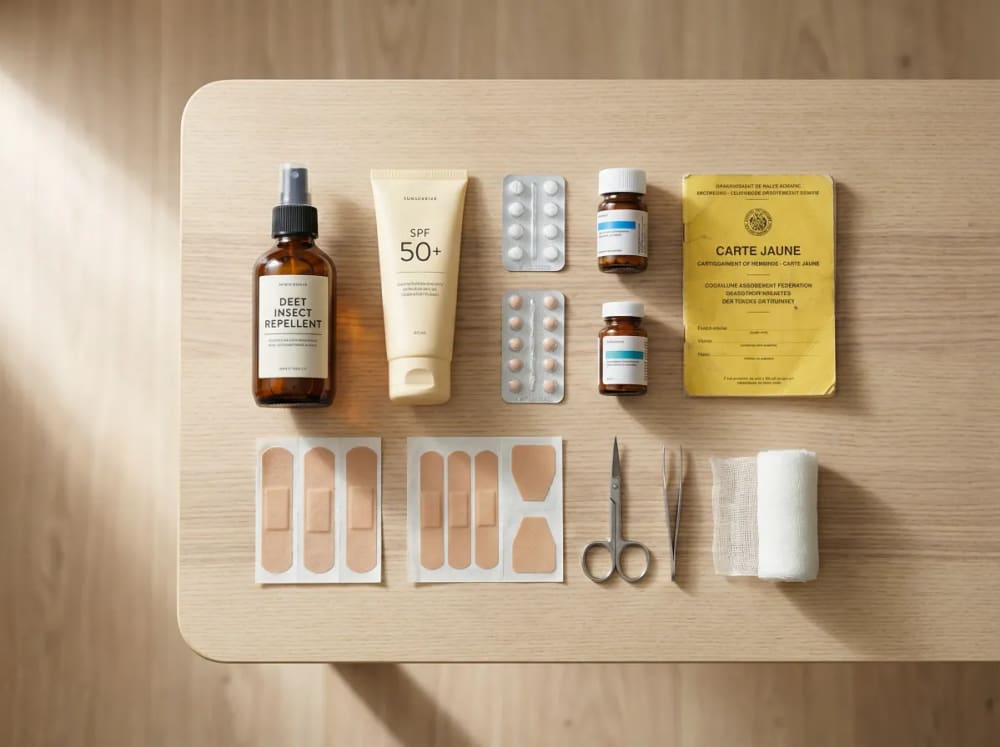 Reiseapotheke Flatlay mit DEET-Mueckenschutz, Sonnencreme SPF 50+, Medikamenten und Gelbfieber-Impfpass fuer Kolumbien
