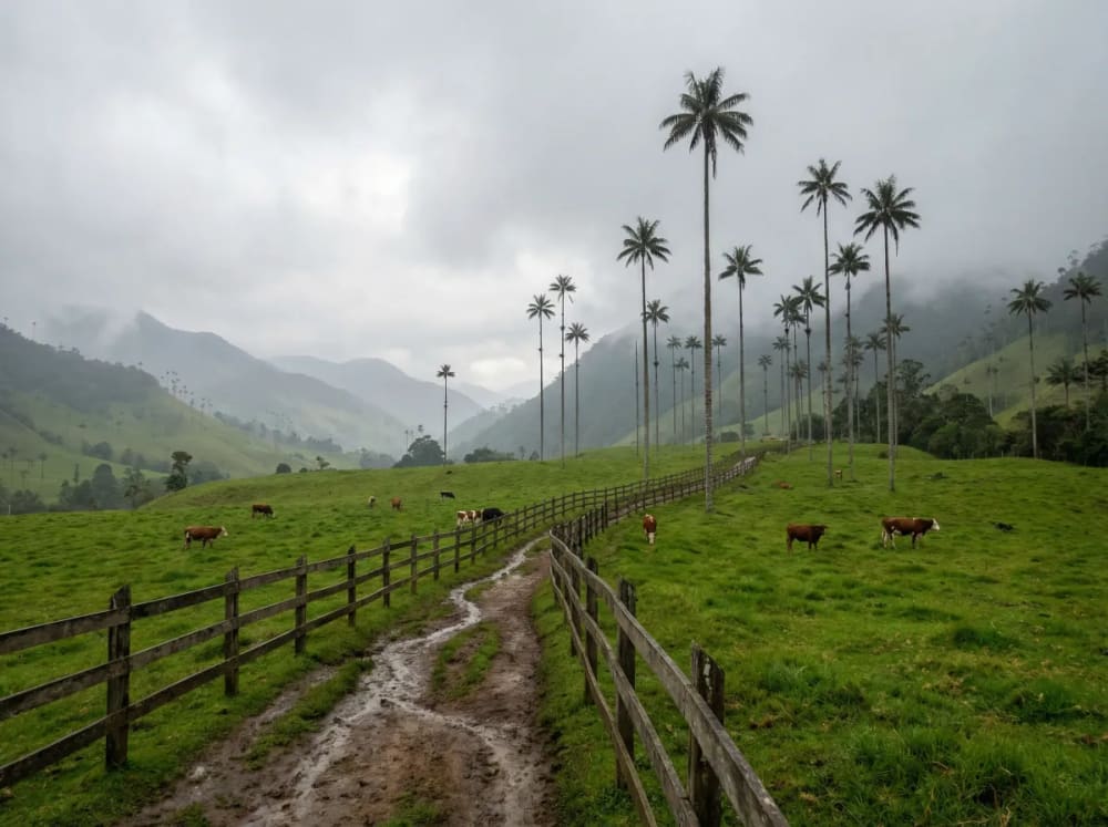 Wanderweg durch das Valle de Cocora mit riesigen Wachspalmen und grünen Weiden bei Salento in der Kaffeeregion Kolumbien