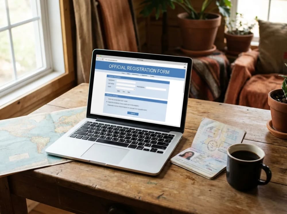 Check-MIG Online-Einreiseformular von Migracion Colombia auf einem Laptop — digitale Einreiseregistrierung fuer die Einreise nach Kolumbien