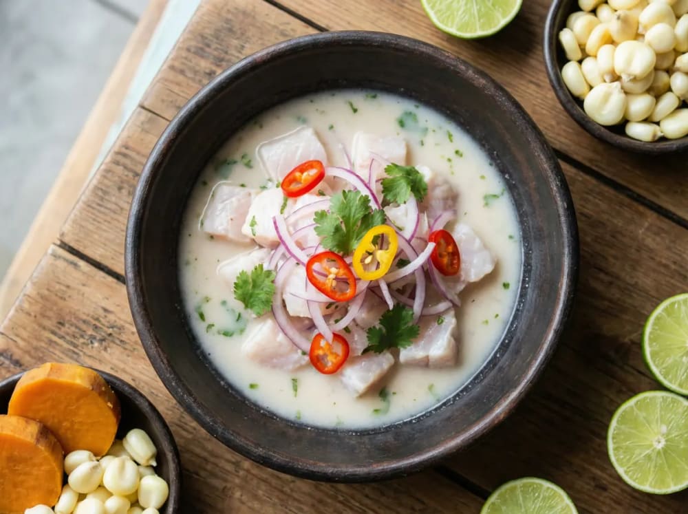 Peruanischer Ceviche in Lima — frischer Fisch mit Leche de Tigre, Ají Amarillo und roten Zwiebeln