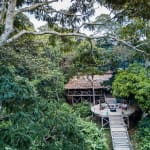 Eine Holzplattform mit Stühlen und Tisch ist von dichtem grünem Wald umgeben, im Hintergrund ist eine Strohhütte.