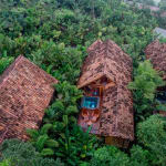 Drei traditionelle Holzhütten mit Satteldächern, umgeben von üppigem tropischem Grün, mit einer kleinen Holzterrasse und Whirlpool auf einer Veranda.