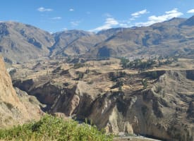Trockener, zerklüfteter Colca Canyon in Peru mit steilen Klippen und spärlicher Vegetation unter klarem blauem Himmel.