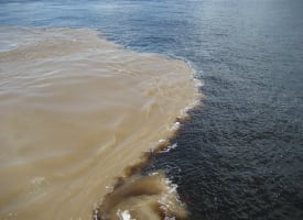 A river meeting where two different colored waters converge in Manaus, Amazonas, Brazil.