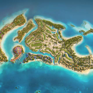 Ein detaillierter Luftbildausschnitt von Shura Island im Roten Meer, der grüne Landschaften, Wasserkanäle und umliegende Gewässer zeigt.