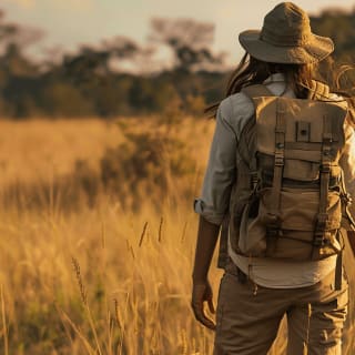 Frau auf Safari in Afrika mit gutem Equipment