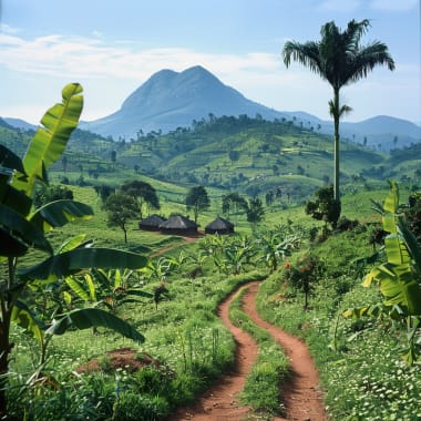 Eine malerische Aussicht auf saftig grüne Hügel mit einem Berg im Hintergrund, kleinen Hütten und einem gewundenen Sandweg im Vordergrund.