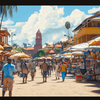 A lively market street in a Ugandan city with colorful stalls and people shopping under umbrellas.