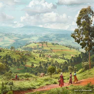 Women walking along a dirt path in a lush, terraced hillside landscape in Rwanda with rolling green hills and scattered trees.