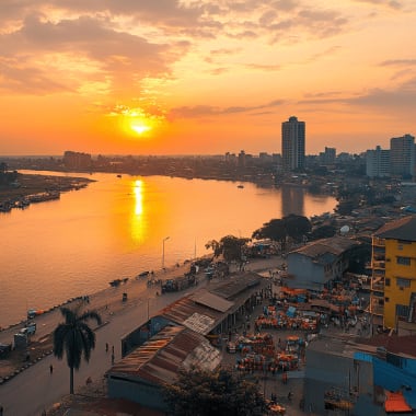 Sonnenuntergang über dem Fluss in Brazzaville mit Gebäuden und Marktständen am Ufer.