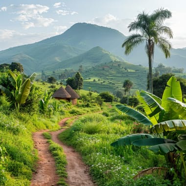 Üppige grüne Berge mit einem sandigen Weg, der durch tropische Vegetation und traditionelle Hütten mit Strohdächern führt.