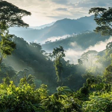 Üppiger grüner ugandischer Regenwald mit Silhouette von Gorillas, die zwischen den Bäumen ruhen.