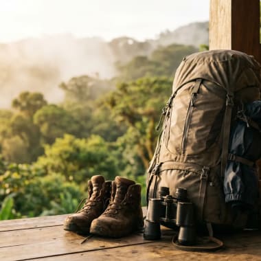 Ein großer Rucksack, Wanderschuhe und ein Fernglas auf einem Holzdeck mit Blick auf eine neblige Waldlandschaft bei Sonnenauf- oder -untergang.
