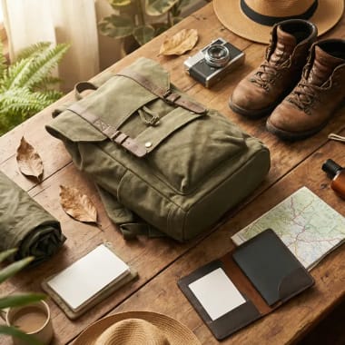 Gepackter Reiserucksack mit Schichtkleidung und Wanderschuhen vor tropisch-andiner Kulisse in Kolumbien