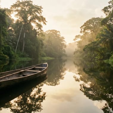 Kanu auf dem Kanalsystem des Tortuguero Nationalparks Costa Rica im Morgennebel, beidseits dichter Regenwald