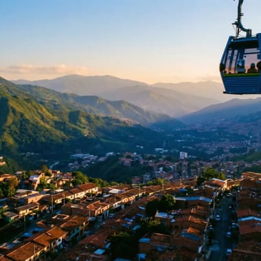 Panoramablick über Medellín mit grünen Bergen und Metrocable-Seilbahn bei Sonnenuntergang