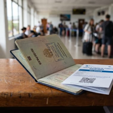 Ein deutscher Reisepass und ein Dokument mit einem QR-Code liegen auf einem Holztisch in einem Wartebereich eines Flughafens mit Personen und Gepäck im Hintergrund.
