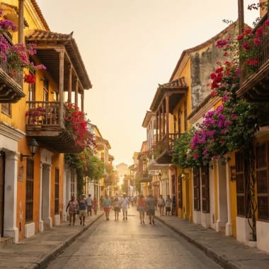 Belebte Strasse in Cartagenas Altstadt bei Tageslicht mit bunter Kolonialarchitektur und Passanten — Kolumbien Sicherheit fuer Touristen
