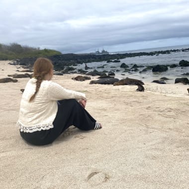 Eine Frau mit geflochtenem Pferdeschwanz sitzt am Sandstrand und schaut auf eine Gruppe von Seelöwen, die nahe dem felsigen Ufer unter bewölktem Himmel ruhen.