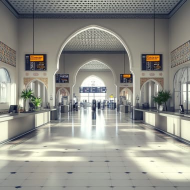 Bright and spacious train station interior with check-in counters and digital display screens, decorated with Moroccan-style arches and patterns.