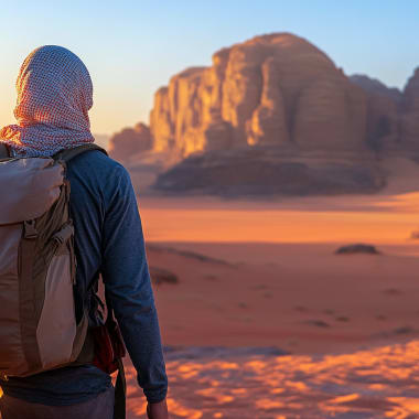 Eine Person mit Rucksack erkundet Wüstenlandschaft mit Felsformationen im Hintergrund bei Sonnenuntergang.