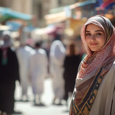 Eine junge Frau mit Kopftuch und traditioneller Bescheidenheitskleidung läuft tagsüber durch einen geschäftigen Markt in Saudi-Arabien.