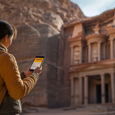 Eine Frau mit Rucksack, die ein Smartphone benutzt, um die antike steingeschnittene Stadt Petra in Jordanien zu fotografieren.