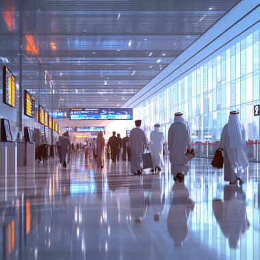 Travelers walking through a modern airport terminal with large glass windows and digital departure boards.