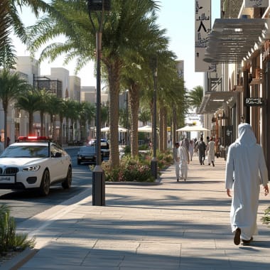 Eine lebhafte Stadtstraße in Dubai mit Palmen, modernen Gebäuden und Fußgängern.