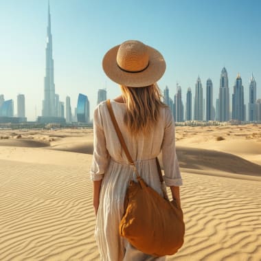 Eine Frau in einem leichten Kleid und Hut steht in der Wüste mit Dubais Skyline im Hintergrund.