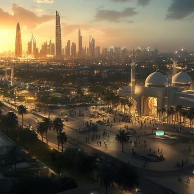 Sonnenuntergang über die Skyline von Abu Dhabi mit hohen Wolkenkratzern und einem belebten öffentlichen Platz mit Menschen, Palmen und einem modernen Gebäude mit Kuppelarchitektur.