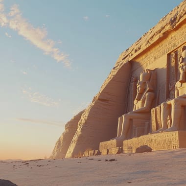 Alte ägyptische Statuen, in eine Klippe gehauen, mit Sonnenuntergang im Hintergrund.