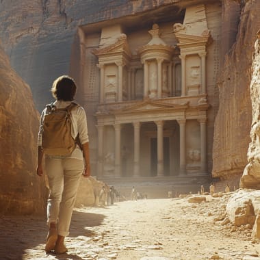 Ein Reisender geht durch einen schmalen Canyon in Richtung der alten Stadt Petra in Jordanien.
