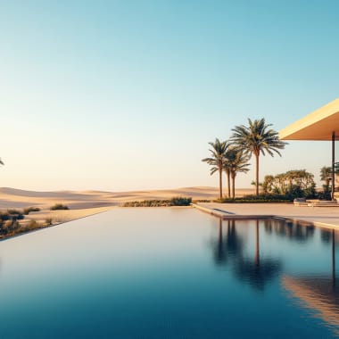 Luxusresort mit Infinity-Pool und moderner Architektur mit Blick auf die Wüstenlandschaft in den VAE.