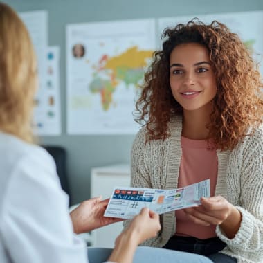 Eine Frau erhält in einem Büro von einem medizinischen Fachpersonal Informationen über Impfungen und Gesundheitsvorkehrungen für Marokko.