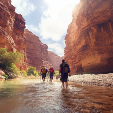 Group of hikers walking through a river in a canyon with tall red rock walls on both sides.