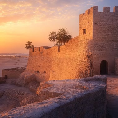 Ancient fortress walls and a tower at sunset, with palm trees nearby, overlooking a beach in Bahrain.