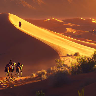 Drei Reisende auf Kamelen reiten durch die Wüste mit Sanddünen, die im Sonnenuntergang leuchten, während ein einsamer Wanderer auf der Dünenkuppe läuft und lange Schatten wirft.