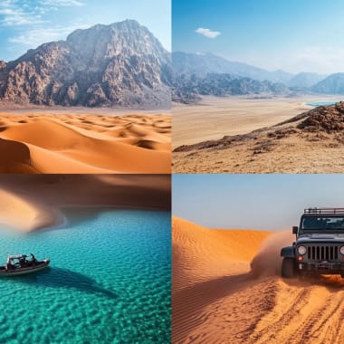 Collage of outdoor activities in the UAE, including mountains, desert sands, a boat in turquoise water, and a Jeep on sand dunes.