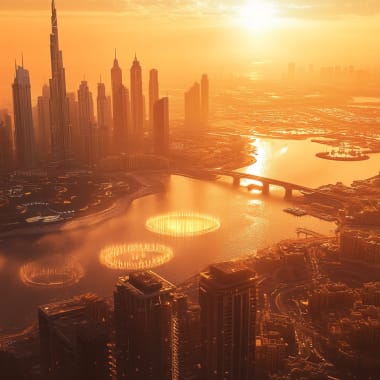 Eine Panoramaansicht der Dubai-Skyline bei Sonnenuntergang, mit hohen Wolkenkratzern und künstlichen Seen, die den orangefarbenen Himmel spiegeln.