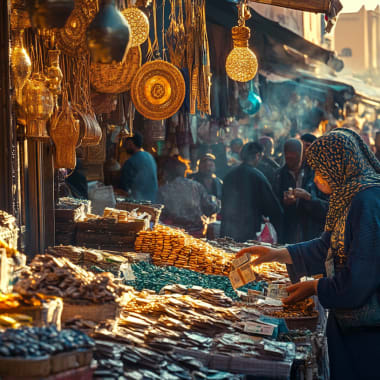 Ein lebhafter Markt in Marokko mit verschiedenen Schmuckstücken und Accessoires ausgestellt, und eine Frau beim Einkauf.
